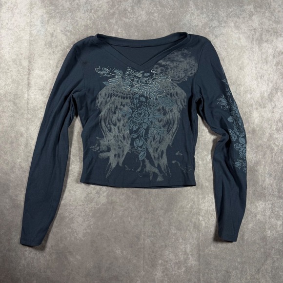 Tops - Vintage Y2K Ribbed Graphic V-Neck Crop Top Rhinestone Wing Floral Blue Large